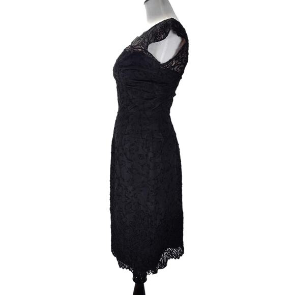 Vintage 50s Boat Neck Cocktail Dress Size 6 Black Embroidered Knee Length - Picture 2 of 16